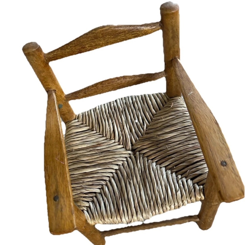 Vintage wooden doll chair with wicker seat, elf chair, farmhouse style